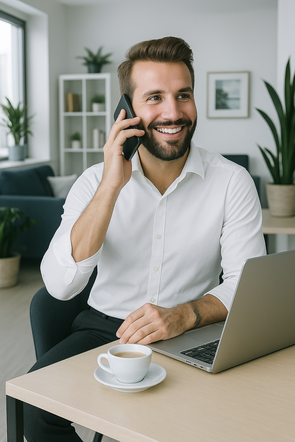 Erfolgreicher Geschäftsmann am Telefon mit Laptop und Kaffee